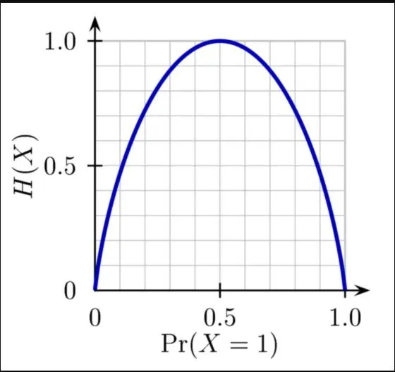 Entropy of a Bernoulli random variable X, as a function of X's probability of being 1